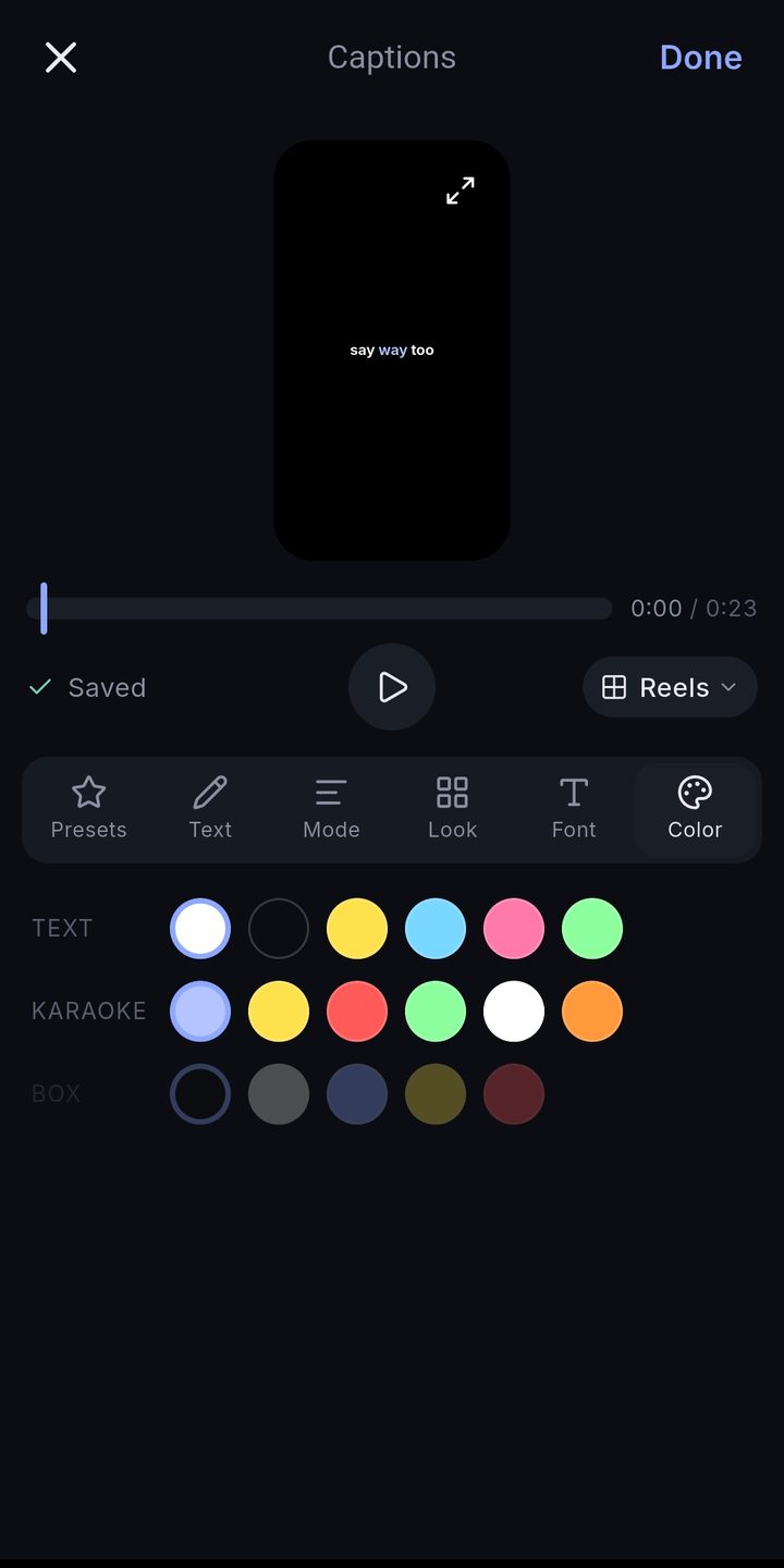 Colour swatches for text, karaoke highlight and box