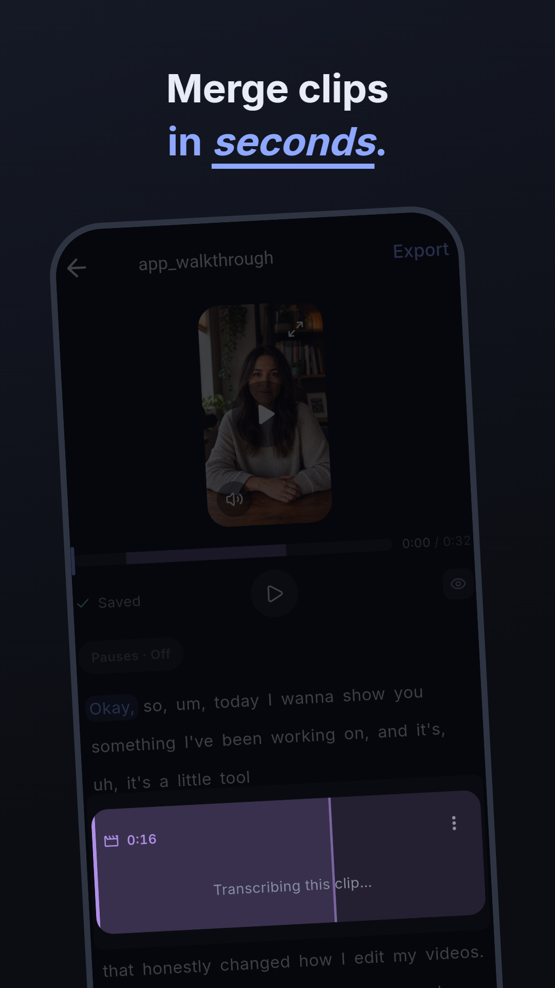 Multiple clips stacked as transcript boxes in one project